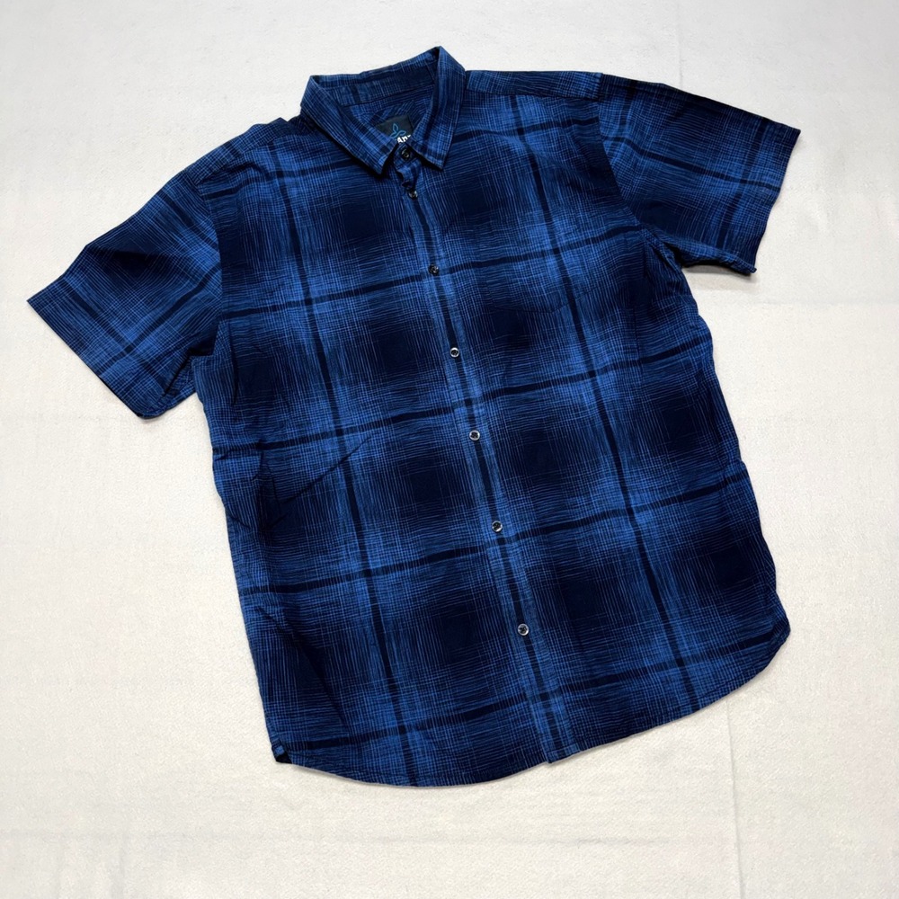 Prana Breathe Lukas Mens XL Blue Plaid Short Sleeve Button Down Casual Outdoor - Picture 1 of 14